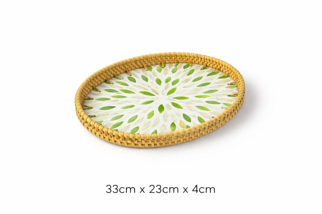Large Oval Green Floral Inlay Rattan Tray