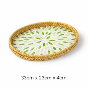Large Oval Green Floral Inlay Rattan Tray