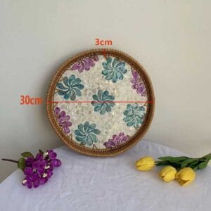 Large Round Blue Purple Floral Inlay Rattan Tray