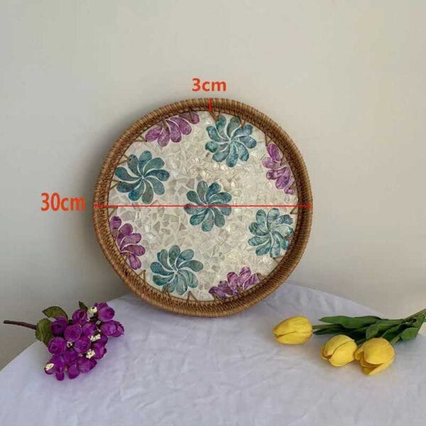 Large Round Blue Purple Floral Inlay Rattan Tray