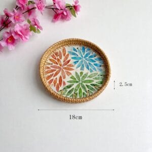 Large Round Colourful Floral Inlay Rattan Tray