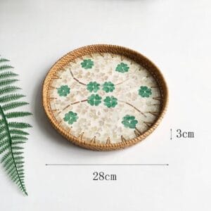 Large Round Green Clover Inlay Rattan Tray
