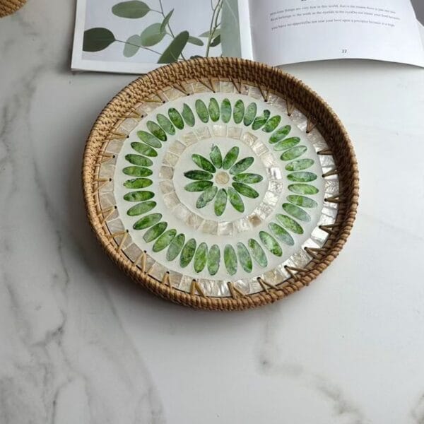 Large Round Green Floral Inlay Rattan Tray