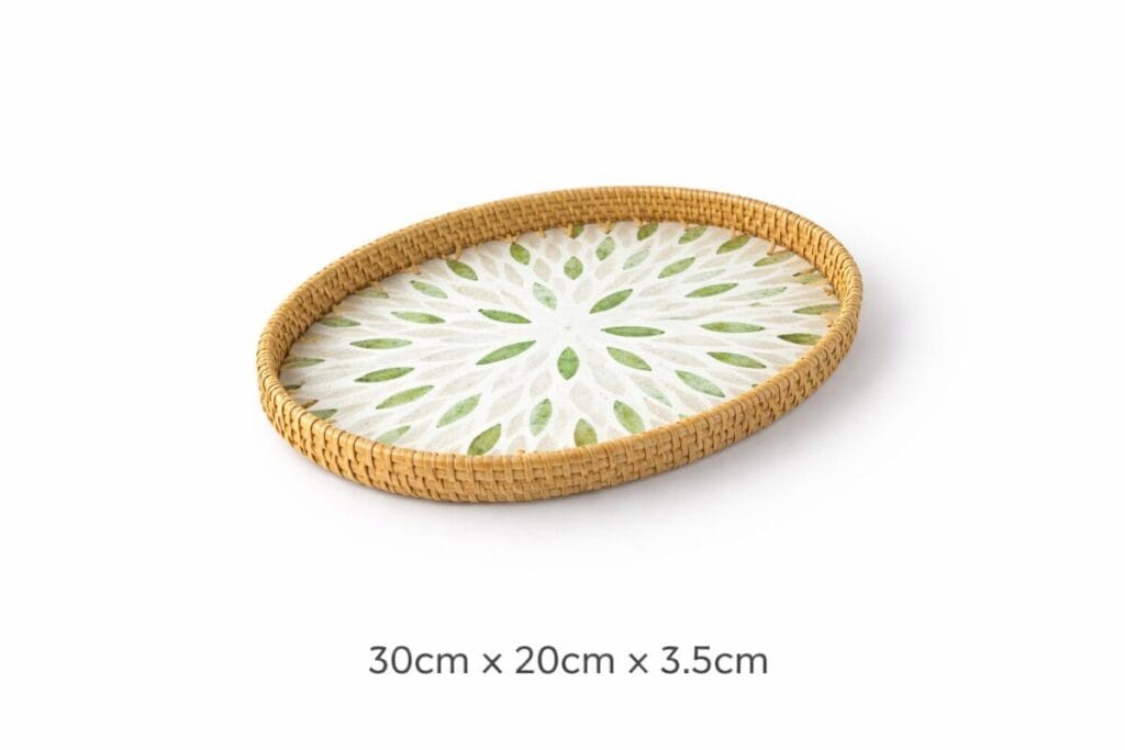 Medium Oval Green Floral Inlay Rattan Tray