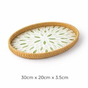 Medium Oval Green Floral Inlay Rattan Tray