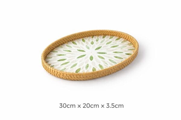 Medium Oval Green Floral Inlay Rattan Tray