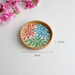 Medium Round Colourful Floral Inlay Rattan Tray
