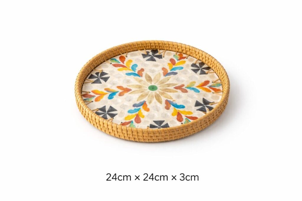 Medium Round Colourful Floral Inlay Rattan Tray