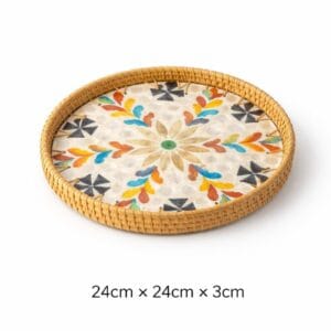 Medium Round Colourful Floral Inlay Rattan Tray
