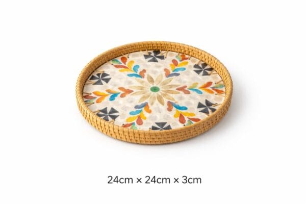 Medium Round Colourful Floral Inlay Rattan Tray