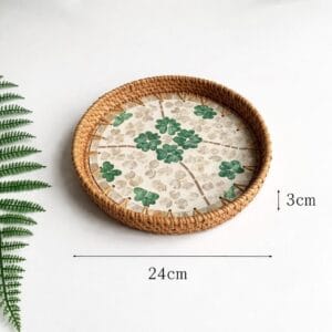 Medium Round Green Clover Inlay Rattan Tray