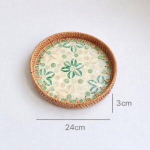 Medium Round Green Floral Inlay Rattan Tray