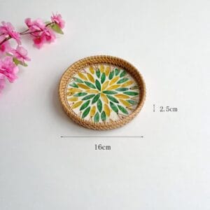 Medium Round Green Yellow Floral Inlay Rattan Tray