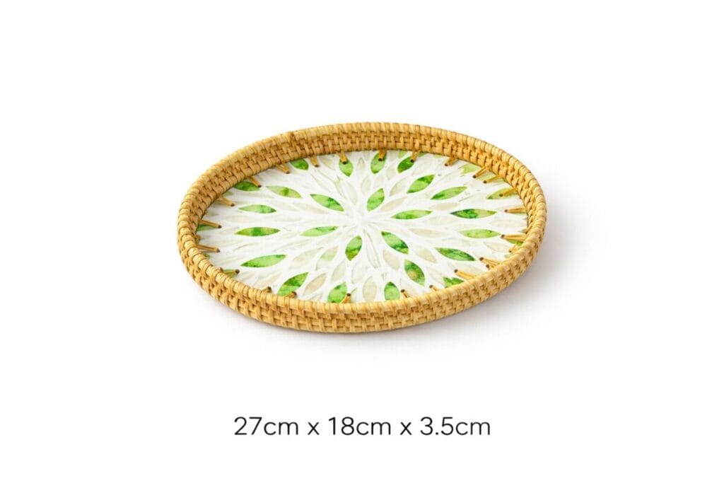 Oval Green Floral Inlay Rattan Tray