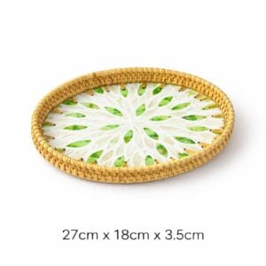 Oval Green Floral Inlay Rattan Tray