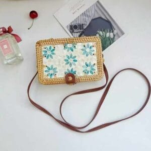 Rectangular Blue Floral Woven Crossbody Bag