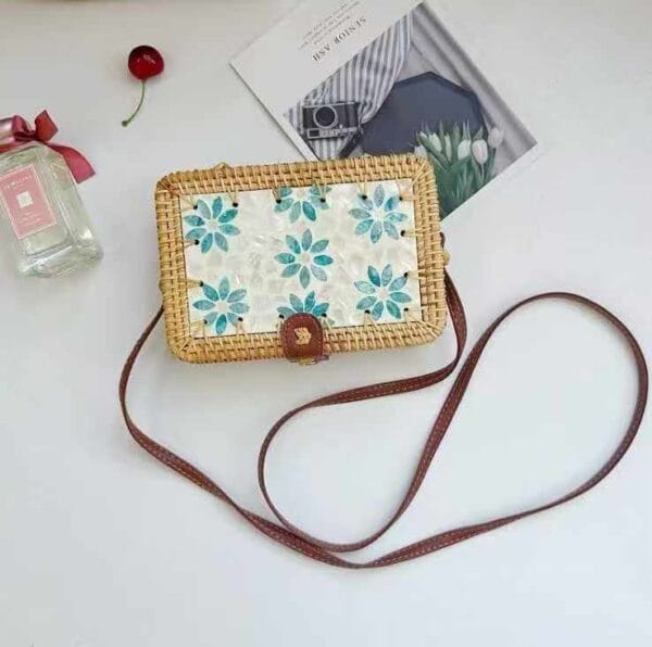 Rectangular Blue Floral Woven Crossbody Bag