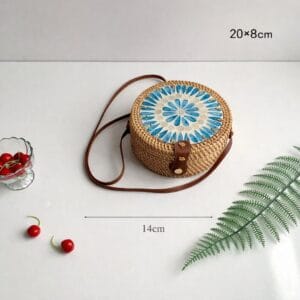Round Blue Floral Woven Crossbody Bag
