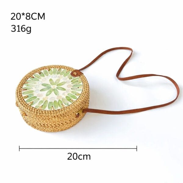 Round Green Floral Woven Crossbody Bag