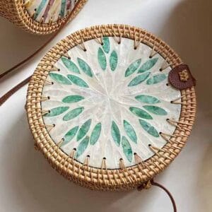 Round Green Floral Woven Crossbody Bag