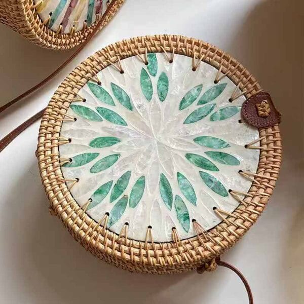 Round Green Floral Woven Crossbody Bag