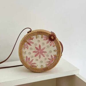 Round Pink Floral Woven Crossbody Bag