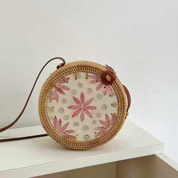 Round Pink Floral Woven Crossbody Bag