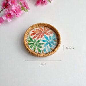 Small Round Colourful Floral Inlay Rattan Tray