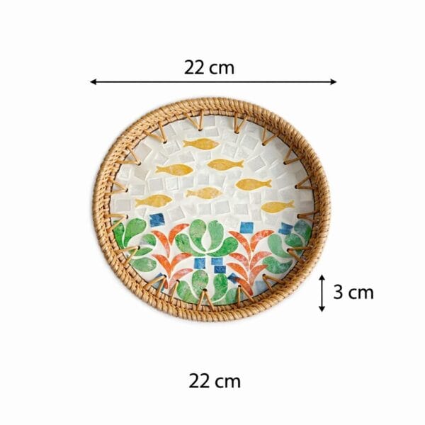 Small Round Fish Pattern Inlay Rattan Tray