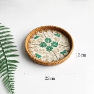 Small Round Green Clover Inlay Rattan Tray
