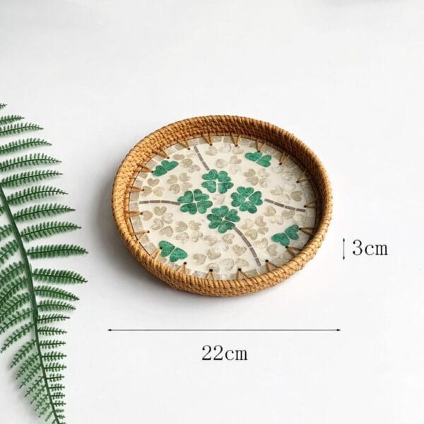 Small Round Green Clover Inlay Rattan Tray