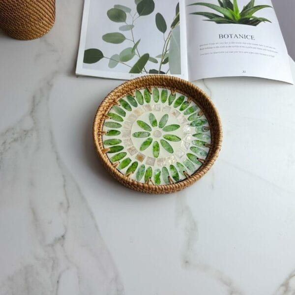 Small Round Green Floral Inlay Rattan Tray