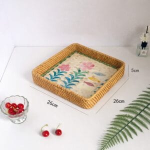 Large Square Handwoven Rattan Shell Inlay Tray