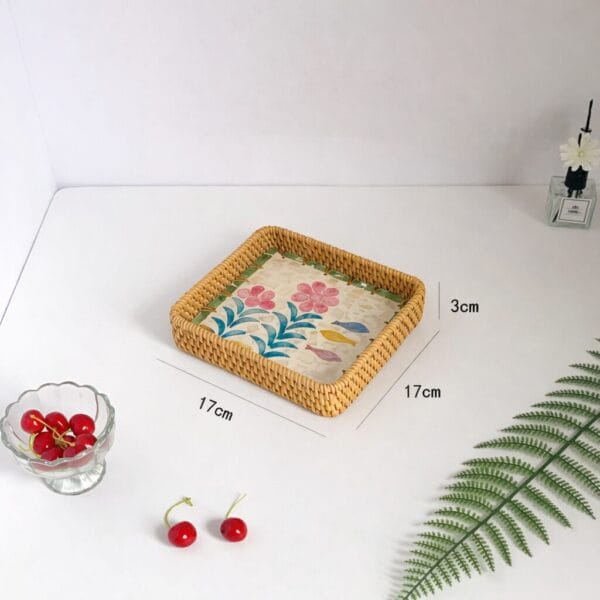 Large Square Handwoven Rattan Shell Inlay Tray 26cm Charming Handmade Decor