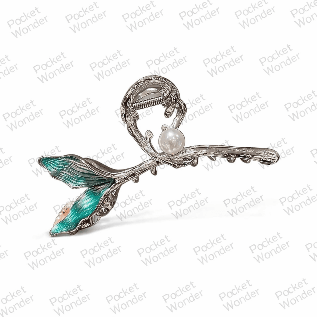 Teal Leaf Pearl Hair Clip