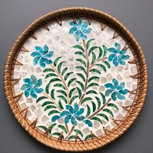 Blue Floral Round Woven Tray