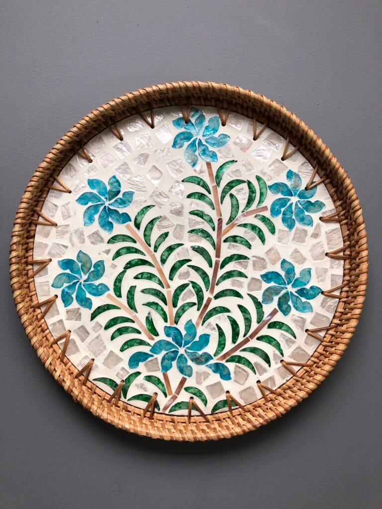 Blue Floral Round Woven Tray
